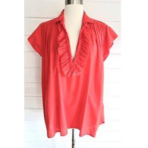 A SHIRT THING Logan Cabo Ruffled Cotton Shirt in Coral - M